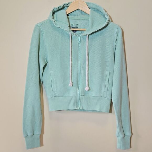 American Eagle AE Sun Set Zip Up Hoodie Green Cropped Feels Seriously Lived In - Picture 3 of 15
